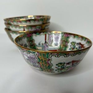 Vtg Zhongguo Zhi Zao Rose Medallian 6” Bowls / vintage porcelain rice bowl